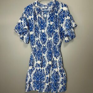 Entro Medium Colbalt Blue and Ivory floral design patterned tiers dress